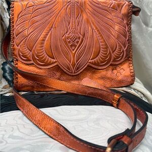 EUC Patricia Nasha Artisan Tooled Leather Crossbody Bag in Burnt Orange